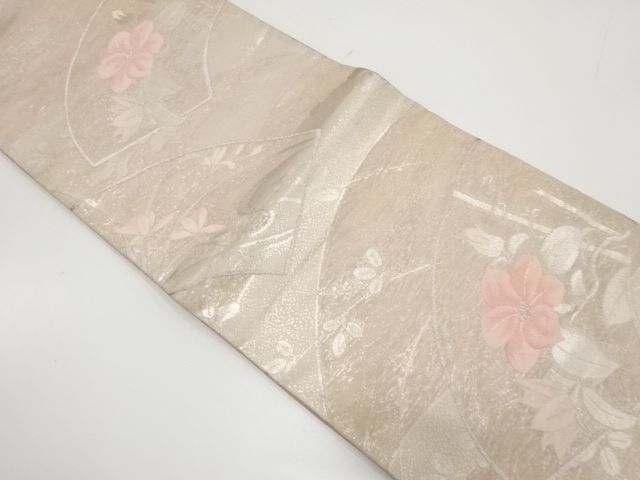 JAPANESE KIMONO / ANTIQUE FUKURO OBI FOR SUMMER / SILK / WOVEN FLORAL PLANTS